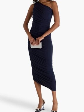 Norma Kamali Diana Dress in True Navy One-Shoulder Ruched Midi